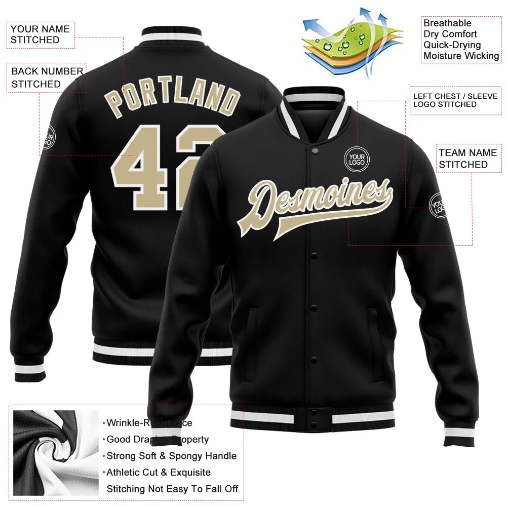 Custom Black Vegas Gold-White Bomber Full-Snap Varsity Letterman Jacket