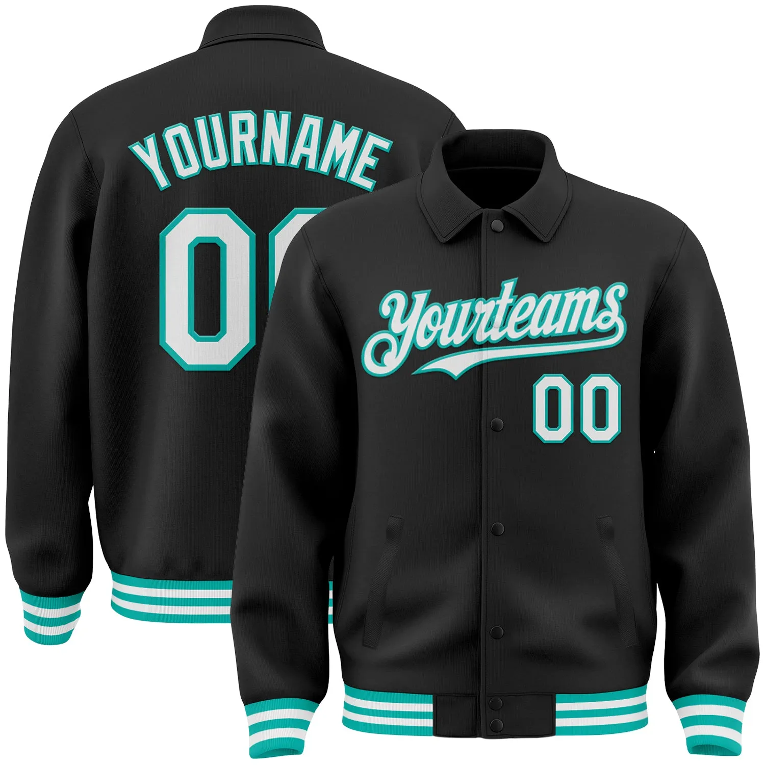 Custom Black White-Aqua Bomber Full-Snap Varsity Letterman Lapel Collar Byron Jacket