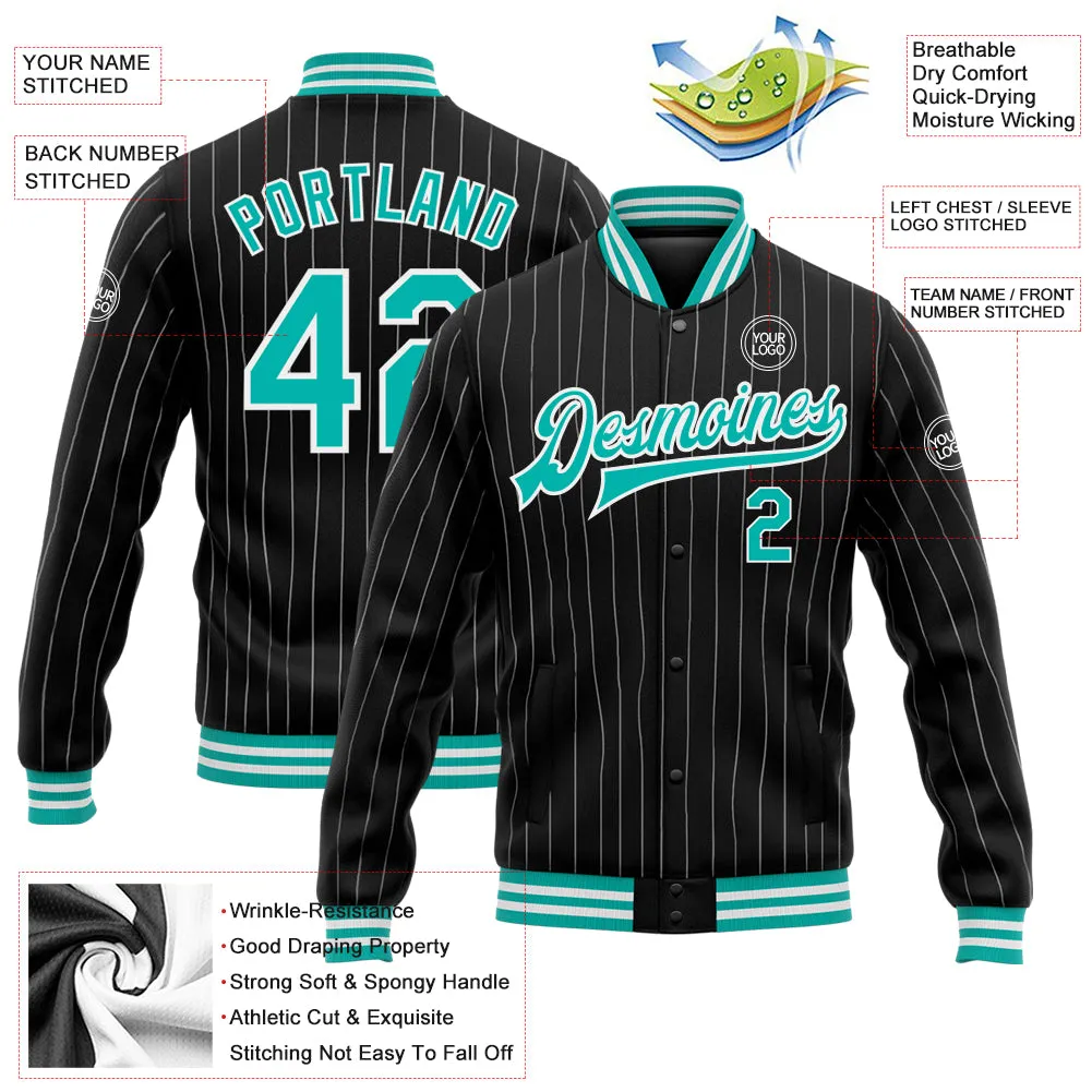 Custom Black White Pinstripe Aqua Bomber Full-Snap Varsity Letterman Jacket