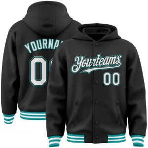 Custom Black White-Teal Bomber Full-Snap Varsity Letterman Hoodie Jacket