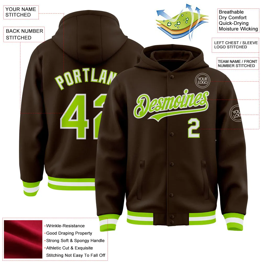 Custom Brown Neon Green-White Bomber Full-Snap Varsity Letterman Hoodie Jacket