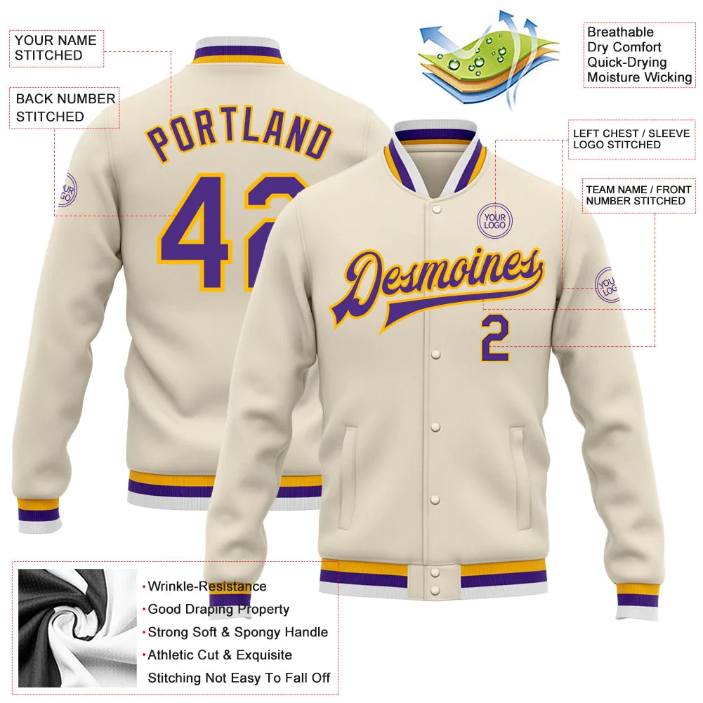 Custom Cream Purple-Gold Bomber Full-Snap Varsity Letterman Jacket