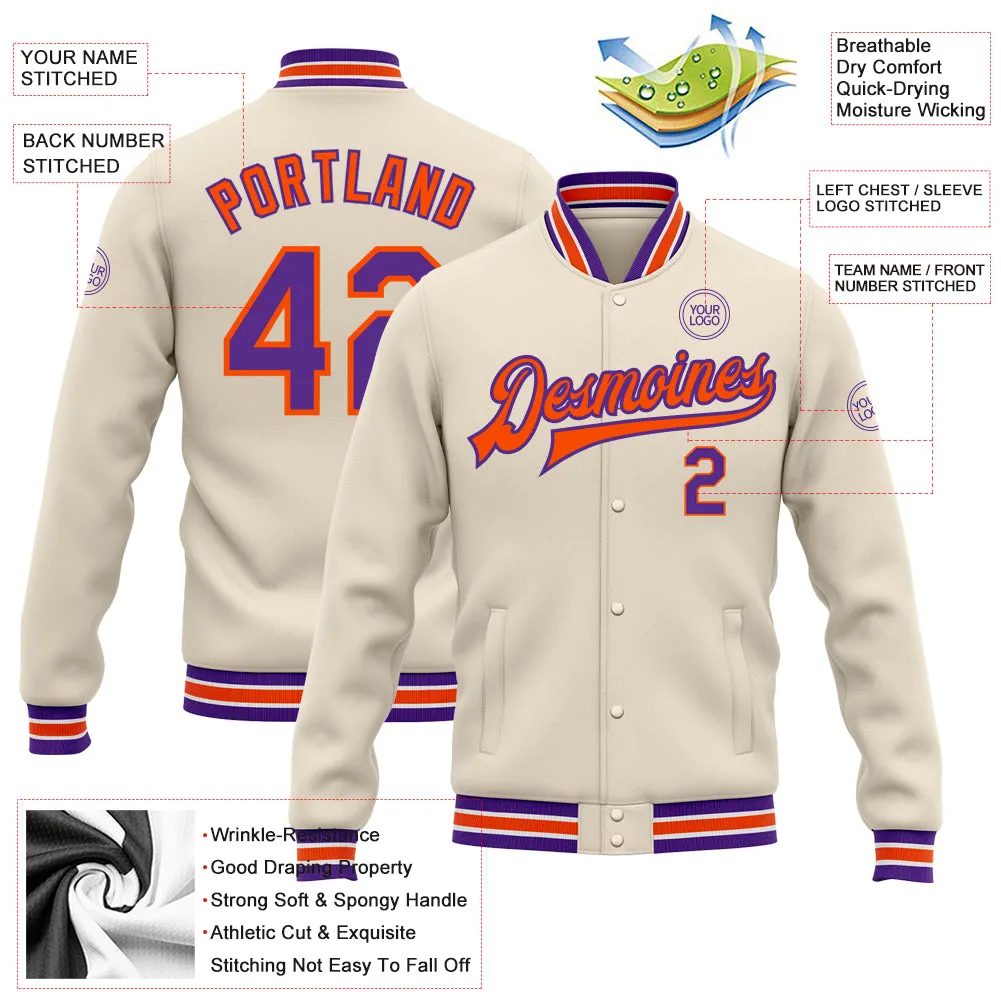 Custom Cream Purple-Orange Bomber Full-Snap Varsity Letterman Jacket