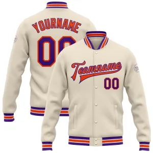 Custom Cream Purple-Orange Bomber Full-Snap Varsity Letterman Jacket