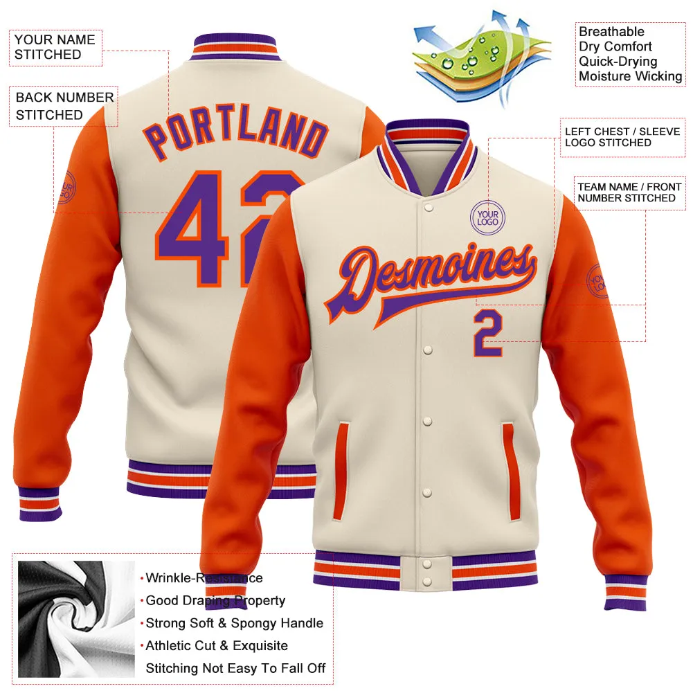 Custom Cream Purple-Orange Bomber Full-Snap Varsity Letterman Two Tone Jacket