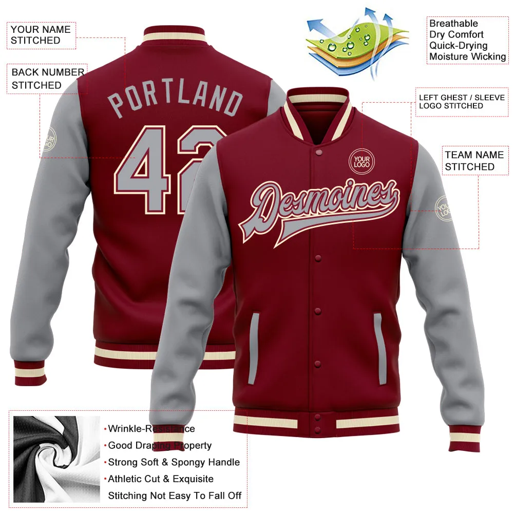 Custom Crimson Gray-Cream Bomber Full-Snap Varsity Letterman Two Tone Jacket