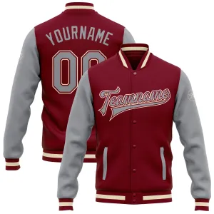 Custom Crimson Gray-Cream Bomber Full-Snap Varsity Letterman Two Tone Jacket