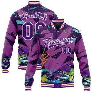 Custom Graffiti Pattern Purple-White Trendy Abstract Urban Street Art 3D Bomber Full-Snap Varsity Letterman Jacket