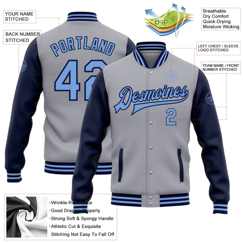 Custom Gray Light Blue-Navy Bomber Full-Snap Varsity Letterman Two Tone Jacket