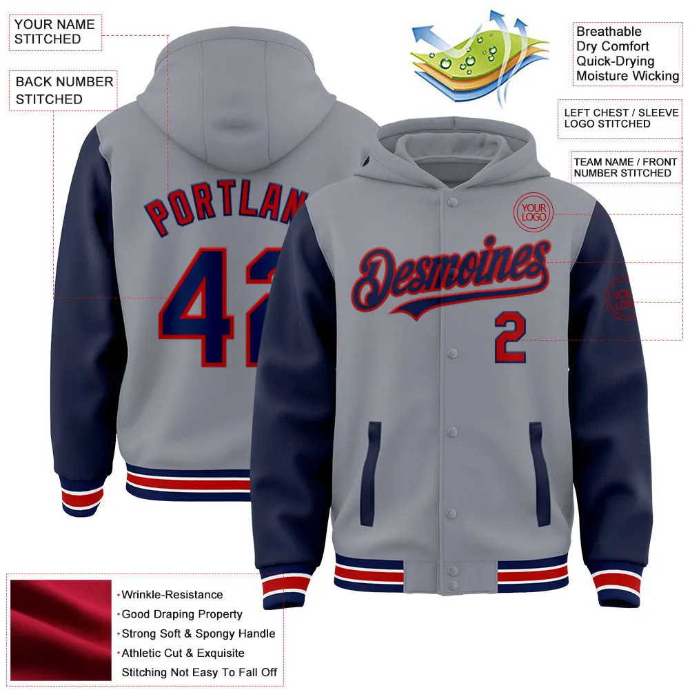 Custom Gray Navy-Red Bomber Full-Snap Varsity Letterman Two Tone Hoodie Jacket