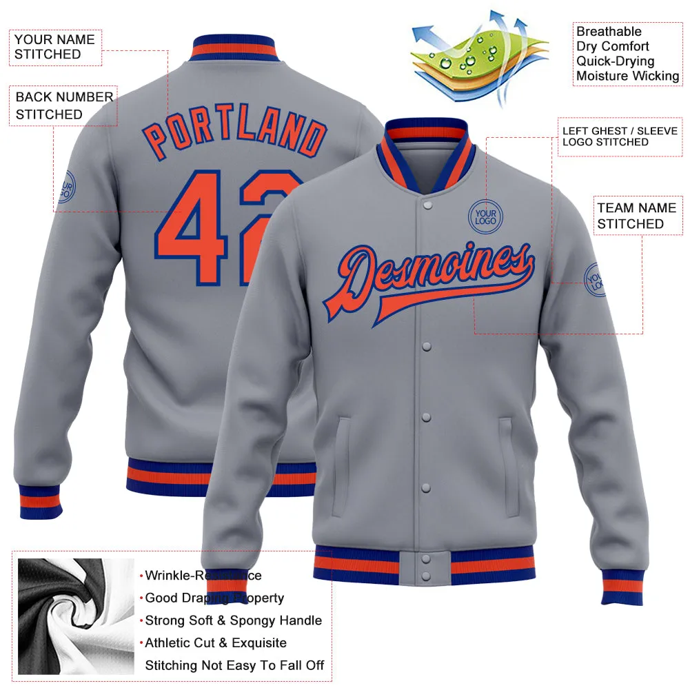 Custom Gray Orange-Royal Bomber Full-Snap Varsity Letterman Jacket