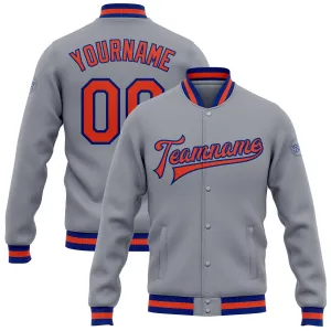 Custom Gray Orange-Royal Bomber Full-Snap Varsity Letterman Jacket