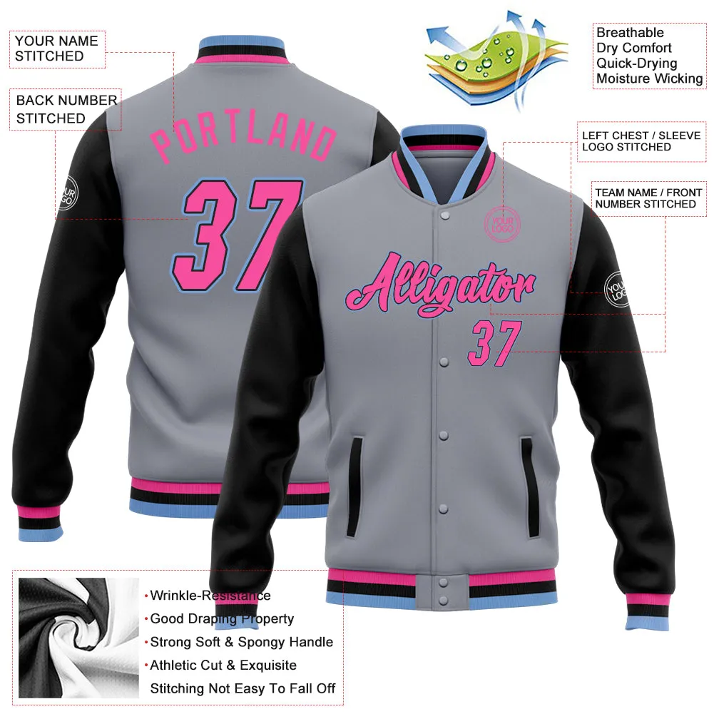 Custom Gray Pink Black-Light Blue Bomber Full-Snap Varsity Letterman Two Tone Jacket