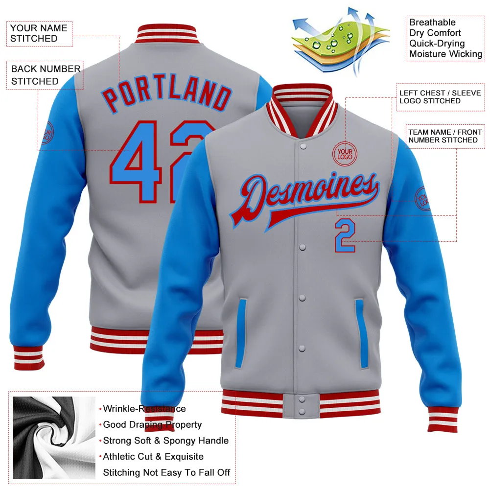 Custom Gray Powder Blue-Red Bomber Full-Snap Varsity Letterman Two Tone Jacket