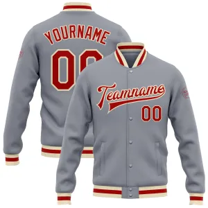 Custom Gray Red-Cream Bomber Full-Snap Varsity Letterman Jacket