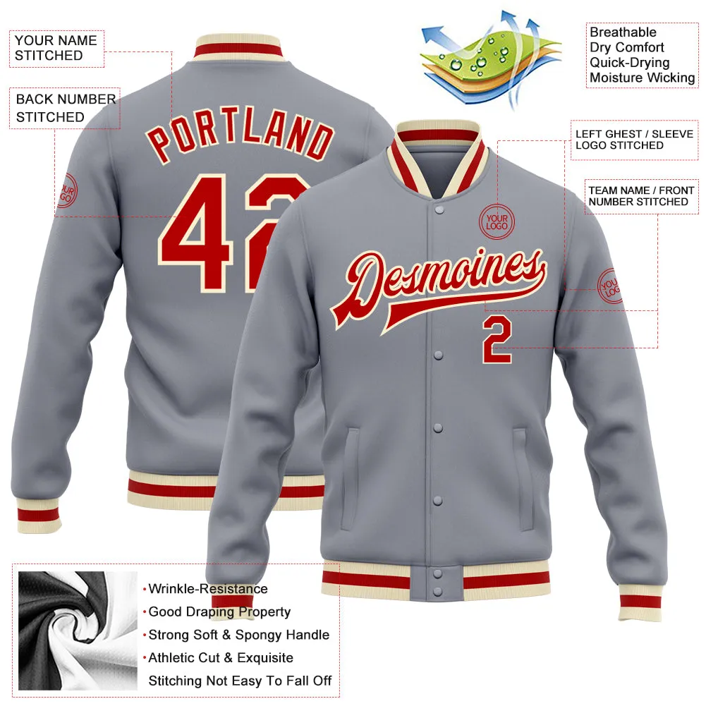 Custom Gray Red-Cream Bomber Full-Snap Varsity Letterman Jacket