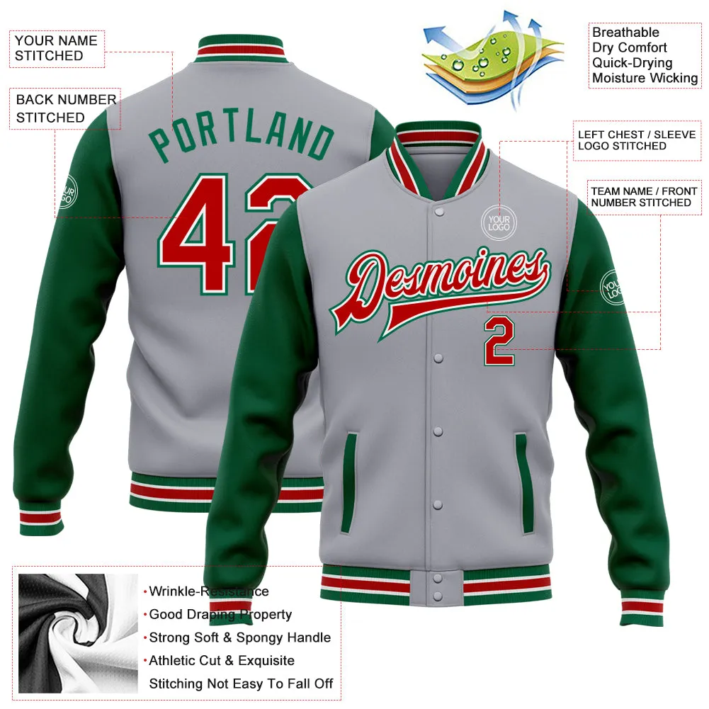 Custom Gray Red-Kelly Green Bomber Full-Snap Varsity Letterman Two Tone Jacket