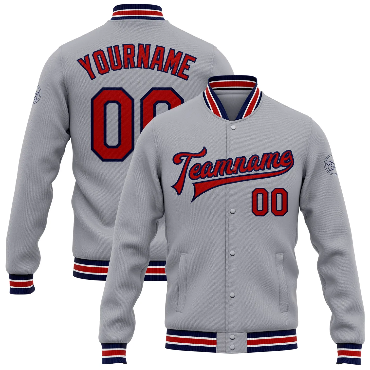 Custom Gray Red-Navy Bomber Full-Snap Varsity Letterman Jacket