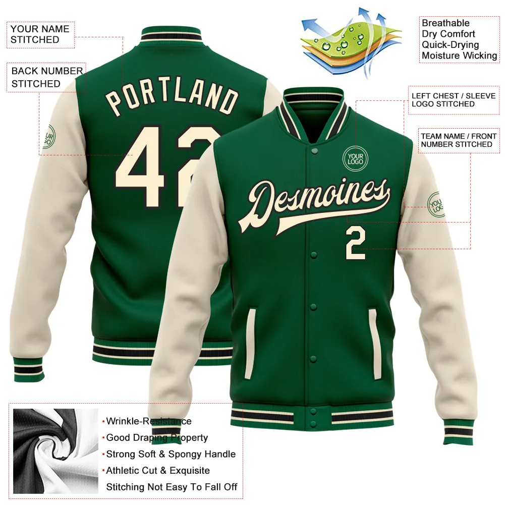 Custom Kelly Green Cream-Black Bomber Full-Snap Varsity Letterman Two Tone Jacket