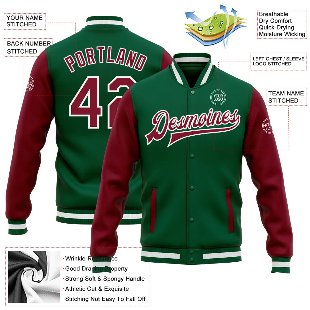 Custom Kelly Green Crimson-White Bomber Full-Snap Varsity Letterman Two Tone Jacket