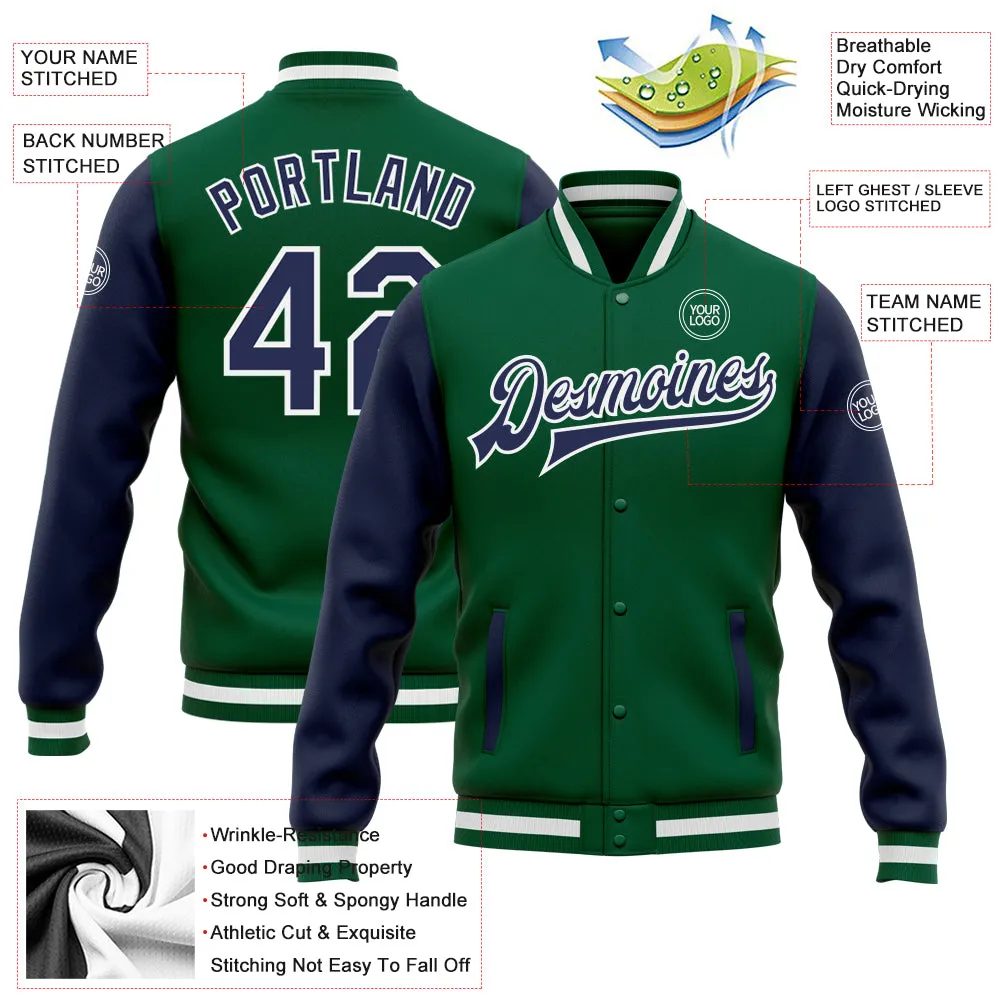 Custom Kelly Green Navy-White Bomber Full-Snap Varsity Letterman Two Tone Jacket