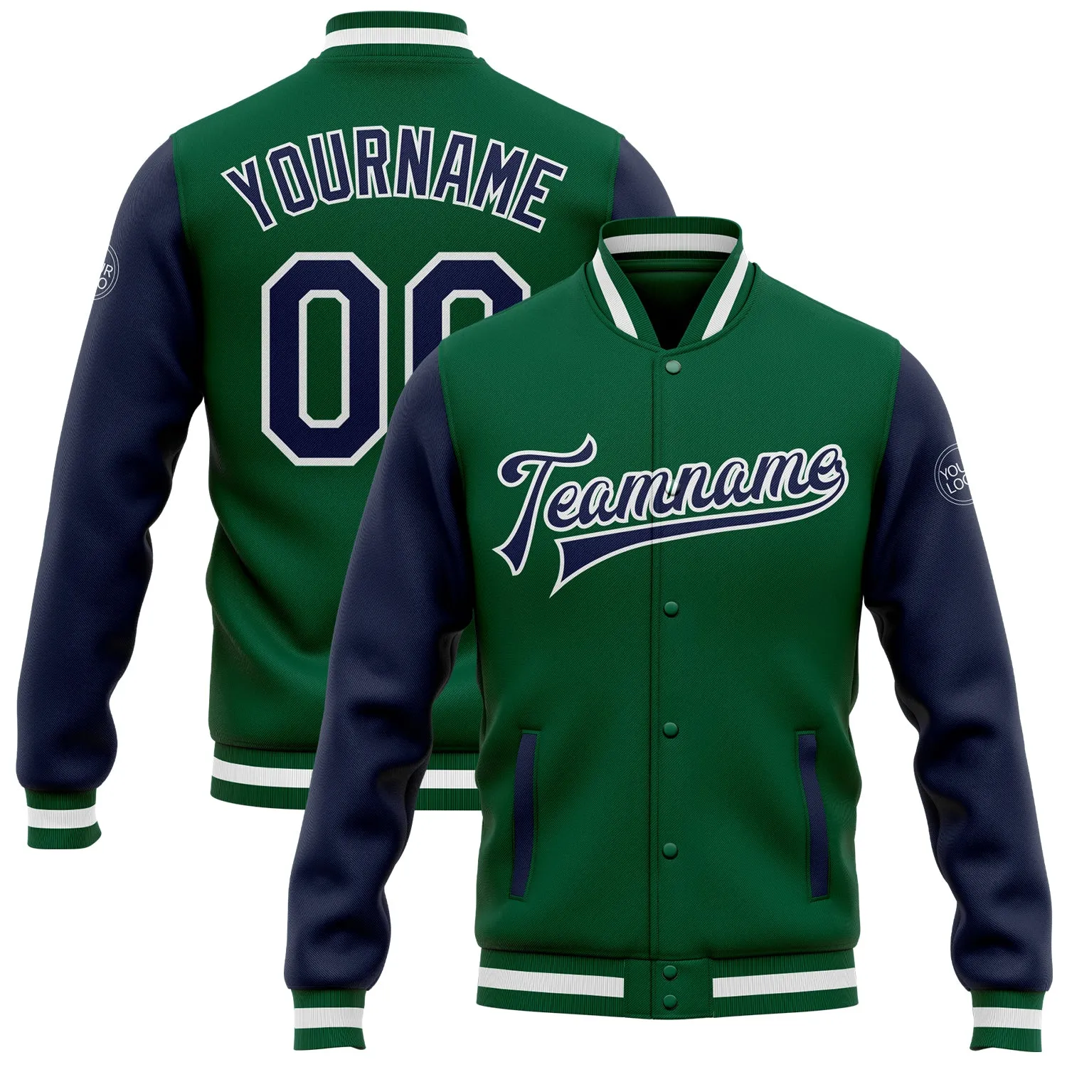 Custom Kelly Green Navy-White Bomber Full-Snap Varsity Letterman Two Tone Jacket