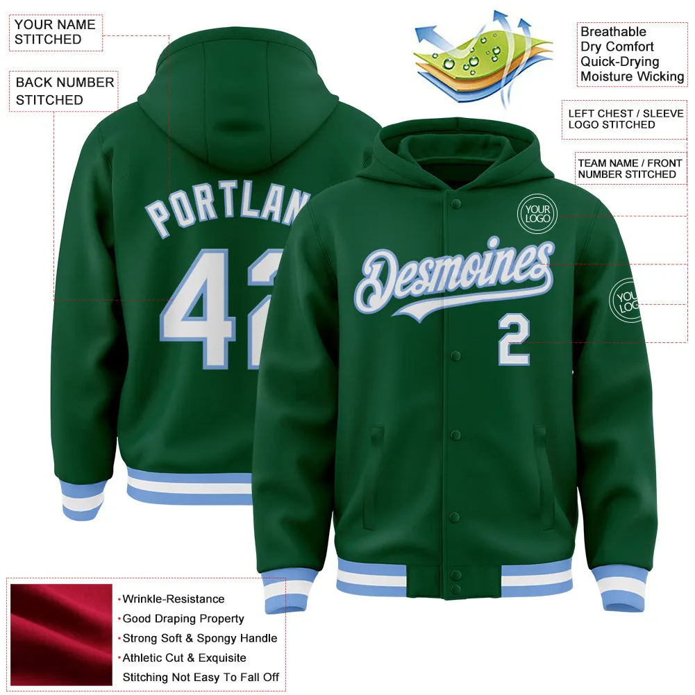 Custom Kelly Green White-Light Blue Bomber Full-Snap Varsity Letterman Hoodie Jacket