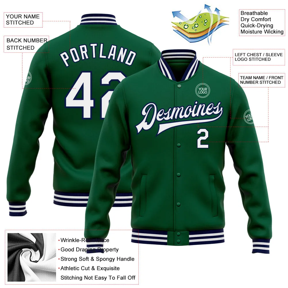 Custom Kelly Green White-Navy Bomber Full-Snap Varsity Letterman Jacket