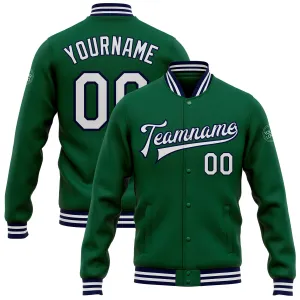 Custom Kelly Green White-Navy Bomber Full-Snap Varsity Letterman Jacket