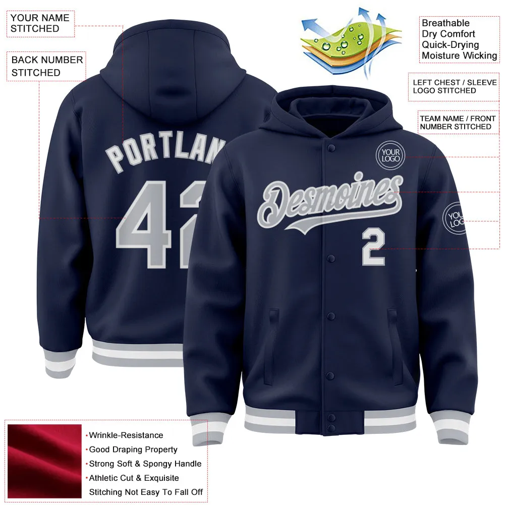 Custom Navy Gray-White Bomber Full-Snap Varsity Letterman Hoodie Jacket