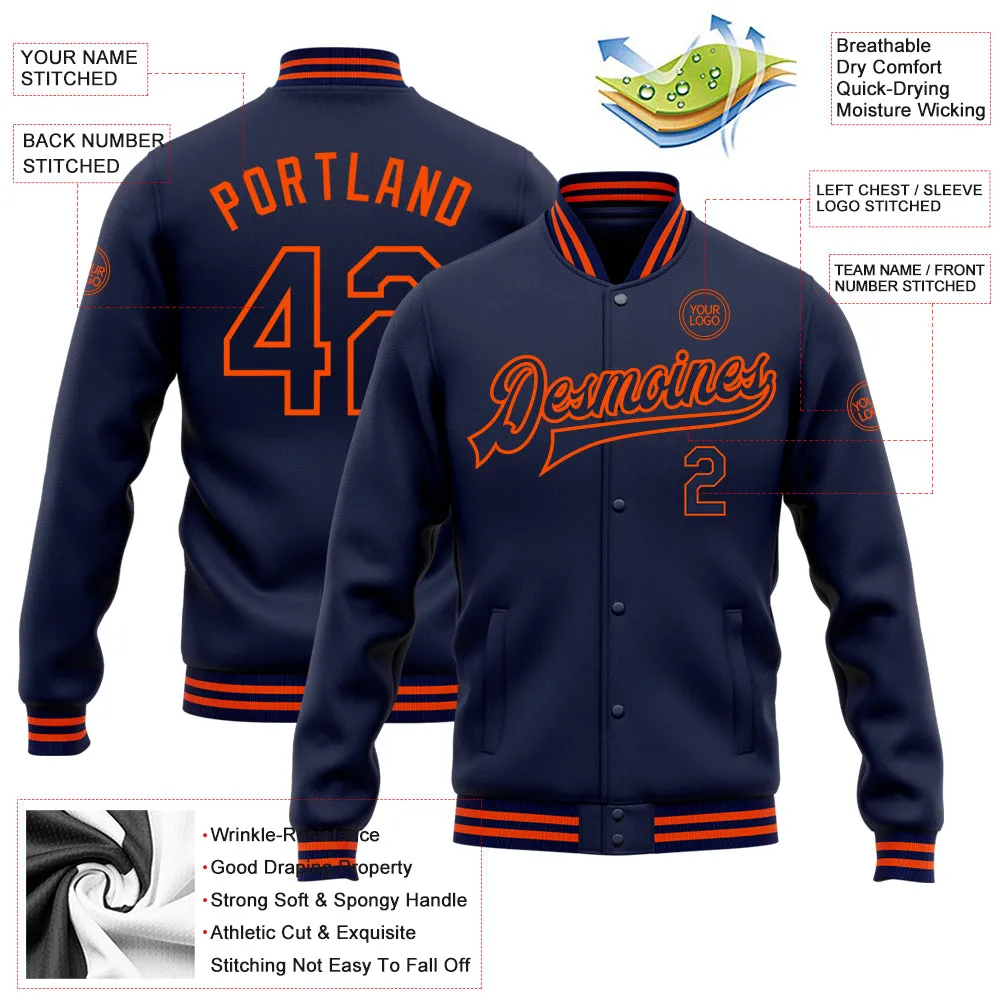 Custom Navy Orange Bomber Full-Snap Varsity Letterman Jacket