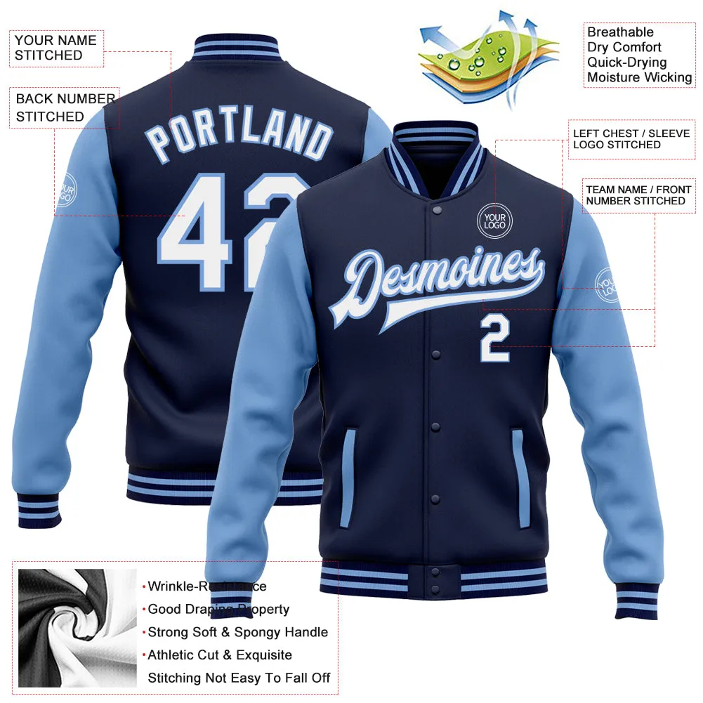 Custom Navy White-Light Blue Bomber Full-Snap Varsity Letterman Two Tone Jacket