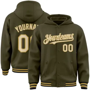 Custom Olive Cream Old Gold-Black Bomber Full-Snap Varsity Letterman Salute To Service Hoodie Jacket