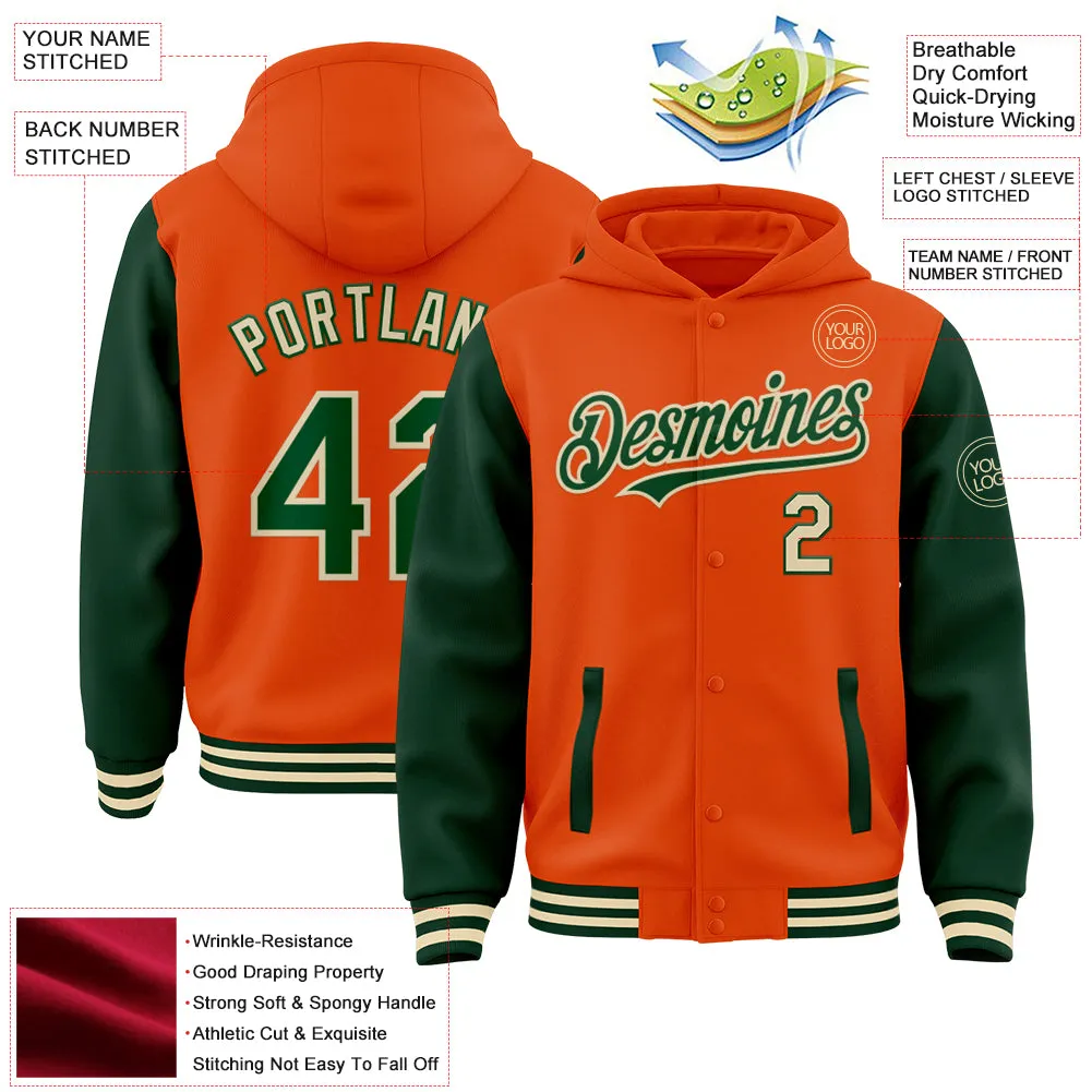 Custom Orange Green-Cream Bomber Full-Snap Varsity Letterman Two Tone Hoodie Jacket