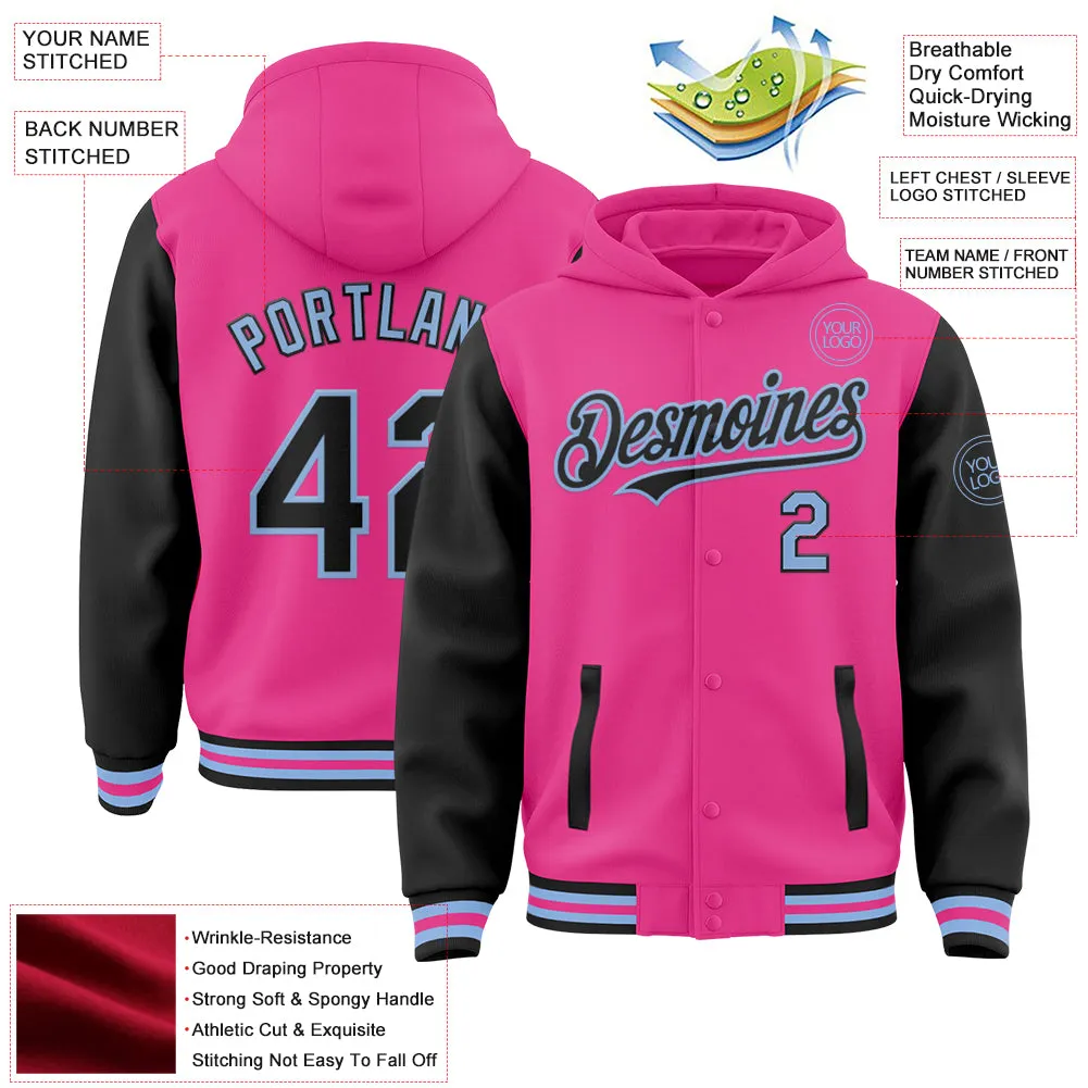 Custom Pink Black-Light Blue Bomber Full-Snap Varsity Letterman Two Tone Hoodie Jacket