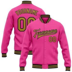 Custom Pink Old Gold-Black Bomber Full-Snap Varsity Letterman Jacket