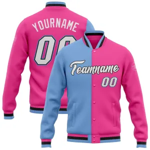 Custom Pink White Light Blue-Black Bomber Full-Snap Varsity Letterman Split Fashion Jacket