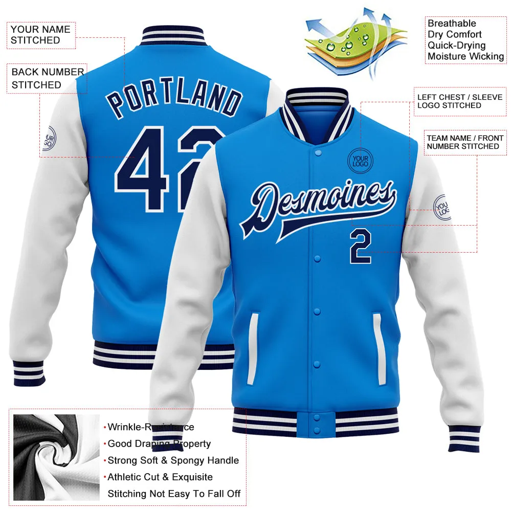 Custom Powder Blue Navy-White Bomber Full-Snap Varsity Letterman Two Tone Jacket