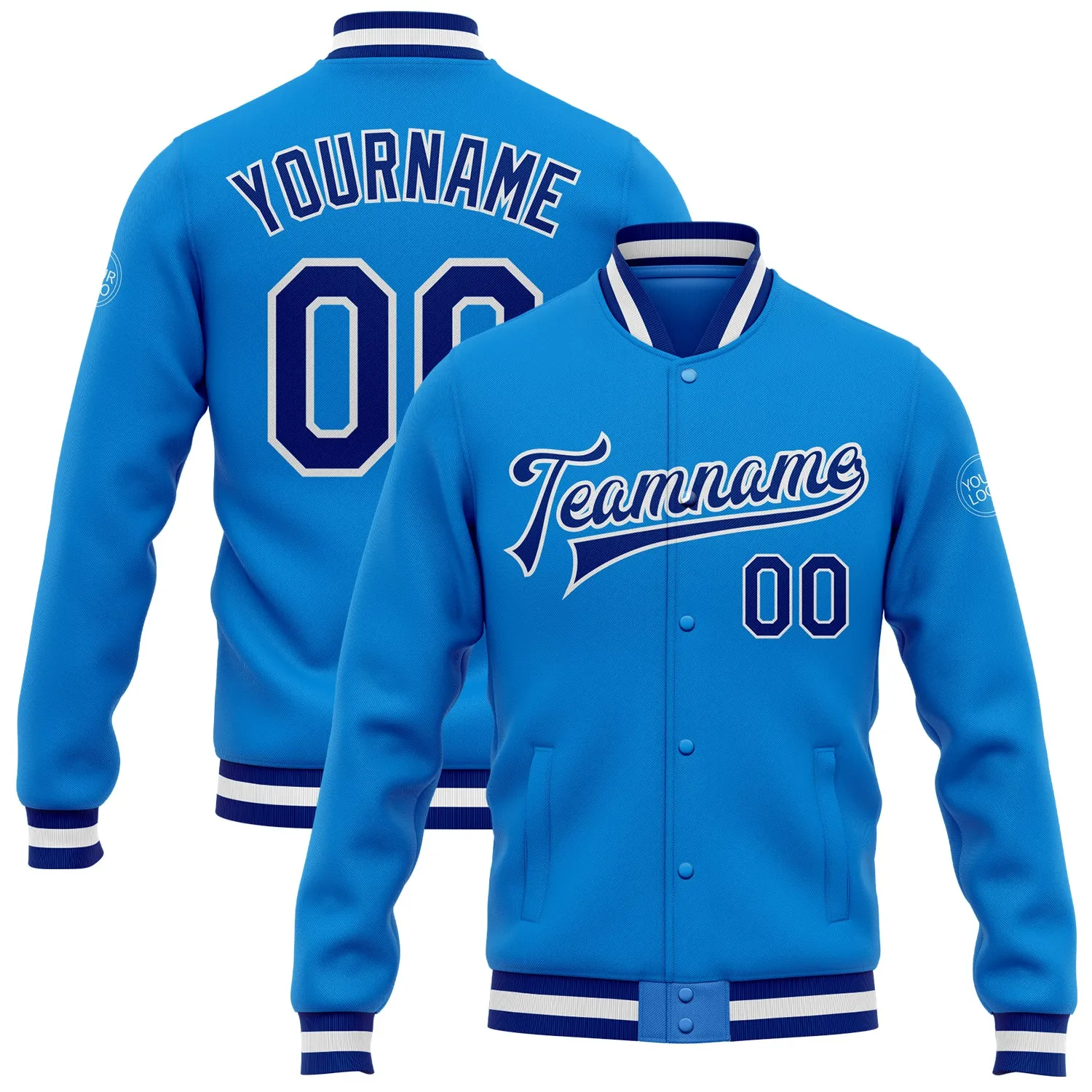 Custom Powder Blue Royal-White Bomber Full-Snap Varsity Letterman Jacket