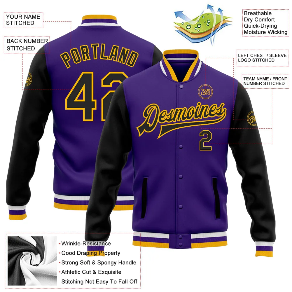 Custom Purple Black-Gold Bomber Full-Snap Varsity Letterman Two Tone Jacket