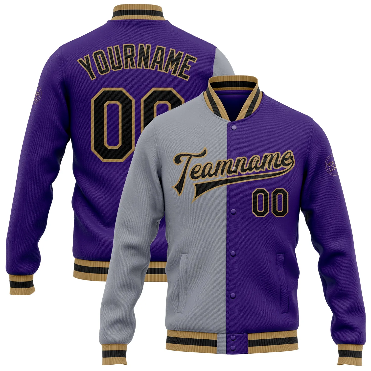 Custom Purple Black Gray-Old Gold Bomber Full-Snap Varsity Letterman Split Fashion Jacket