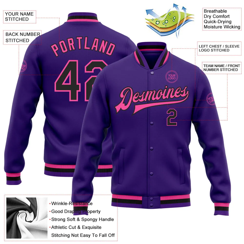 Custom Purple Black-Pink Bomber Full-Snap Varsity Letterman Jacket