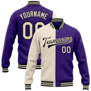 Custom Purple Cream-Black Bomber Full-Snap Varsity Letterman Split Fashion Jacket