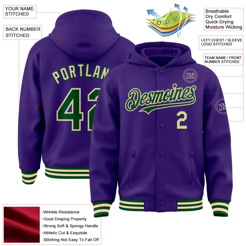 Custom Purple Green-Cream Bomber Full-Snap Varsity Letterman Hoodie Jacket