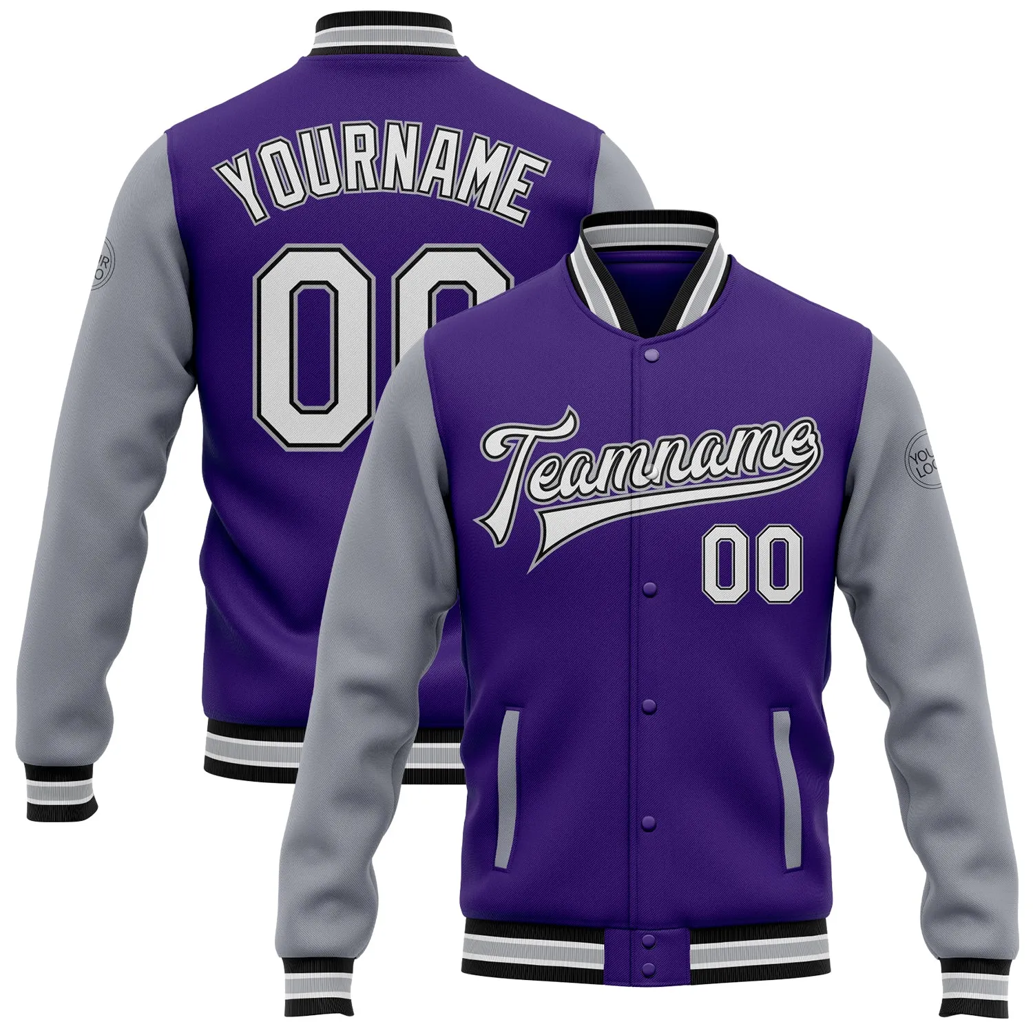 Custom Purple White Gray-Black Bomber Full-Snap Varsity Letterman Two Tone Jacket