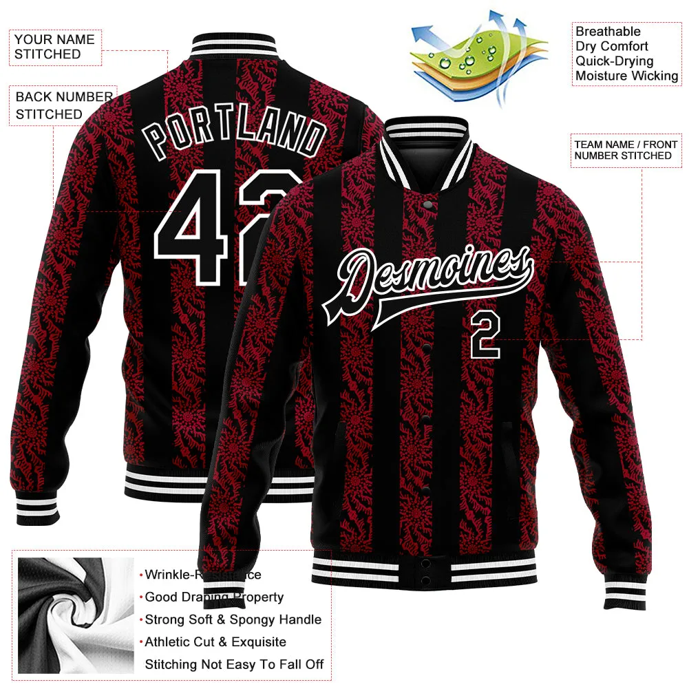 Custom Red Black-White 3D Pattern Design Bomber Full-Snap Varsity Letterman Jacket