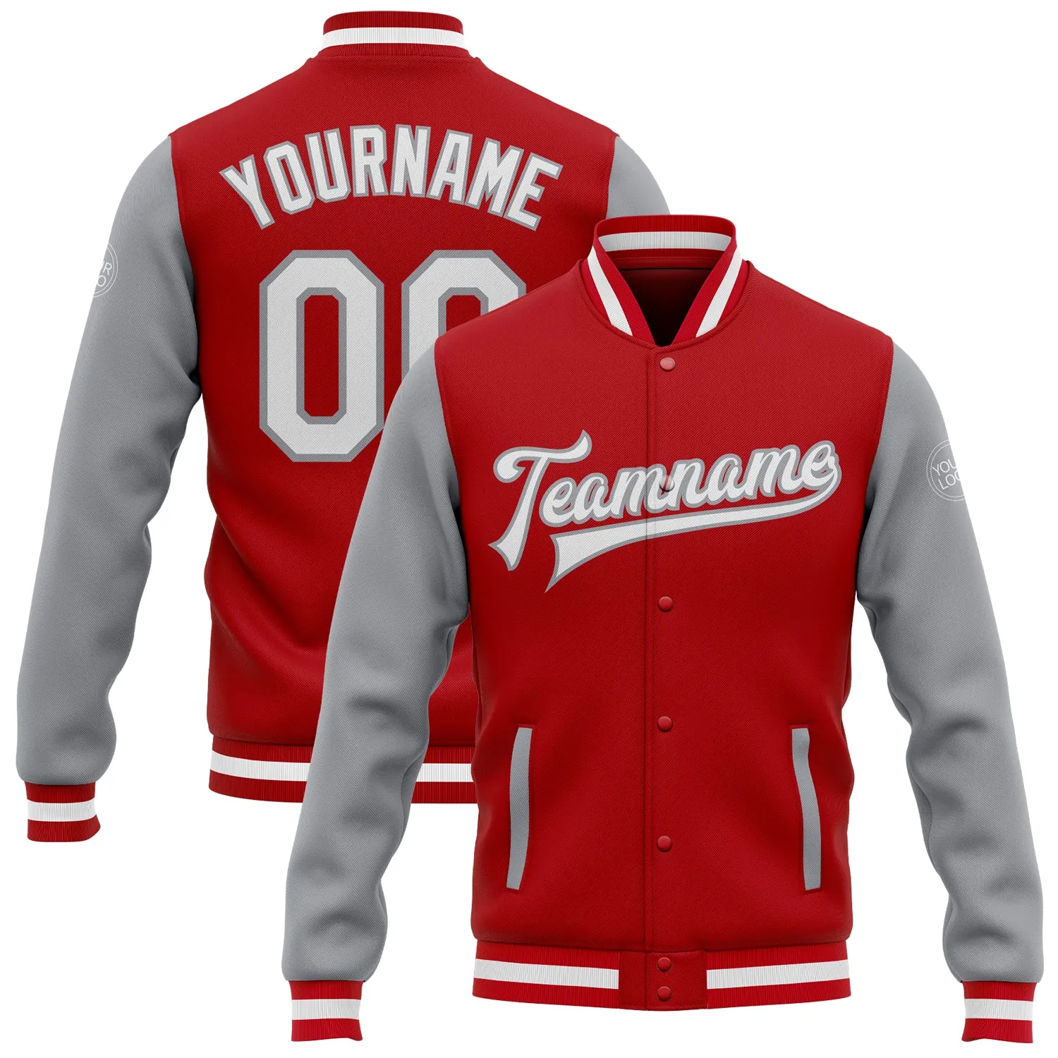 Custom Red White-Gray Bomber Full-Snap Varsity Letterman Two Tone Jacket