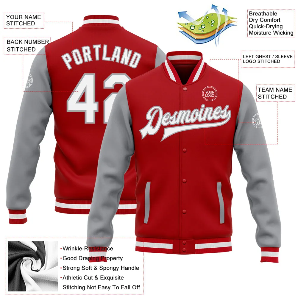 Custom Red White-Gray Bomber Full-Snap Varsity Letterman Two Tone Jacket