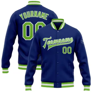 Custom Royal Neon Green-White Bomber Full-Snap Varsity Letterman Jacket