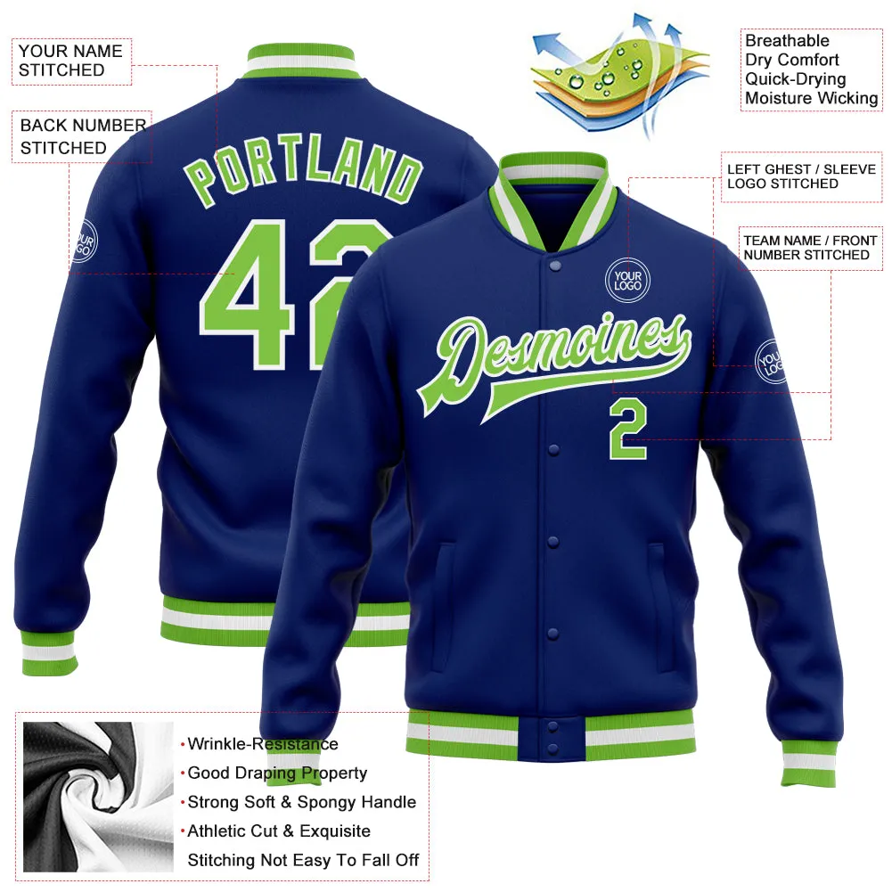 Custom Royal Neon Green-White Bomber Full-Snap Varsity Letterman Jacket